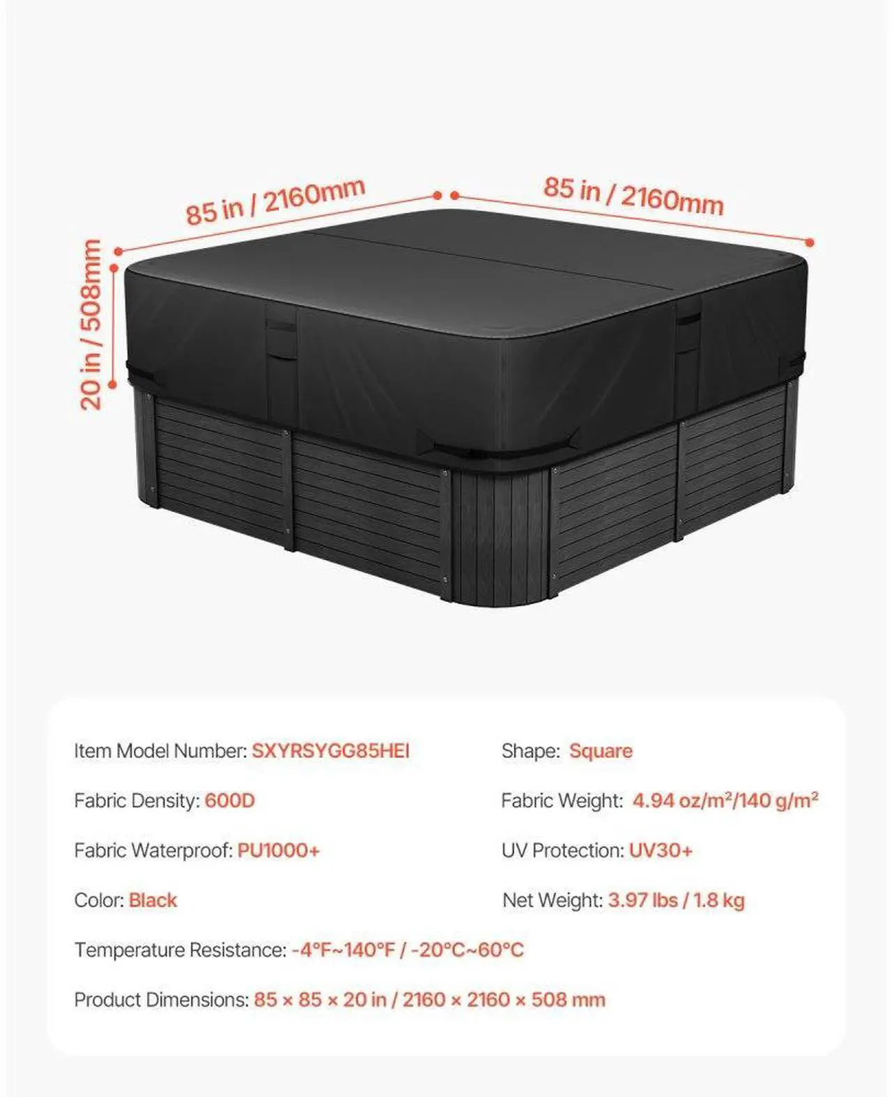 Alt view image 7 of 7 - Outdoor Hot Tub Cover 85 x 85 x 20 Inch Weatherproof and Waterproof Black