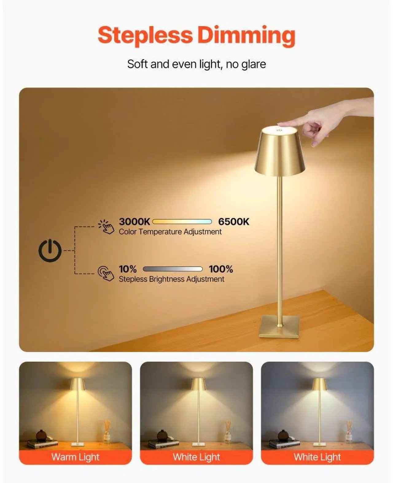 Alt view image 4 of 7 - Cordless Table Lamp 2 PCS Rechargeable Battery Desk Lamp Adjustable Height Gold