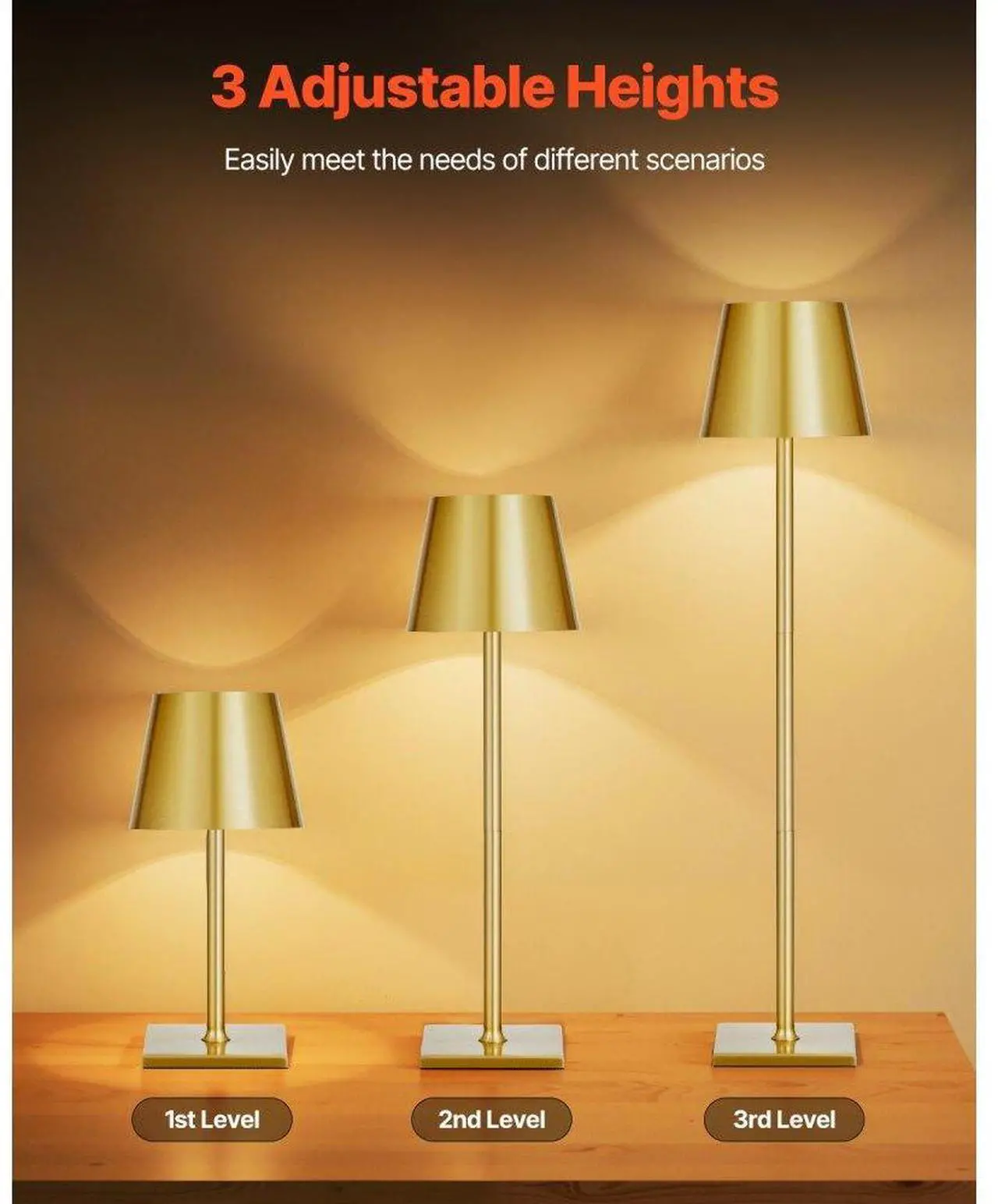 Alt view image 3 of 7 - Cordless Table Lamp 2 PCS Rechargeable Battery Desk Lamp Adjustable Height Gold
