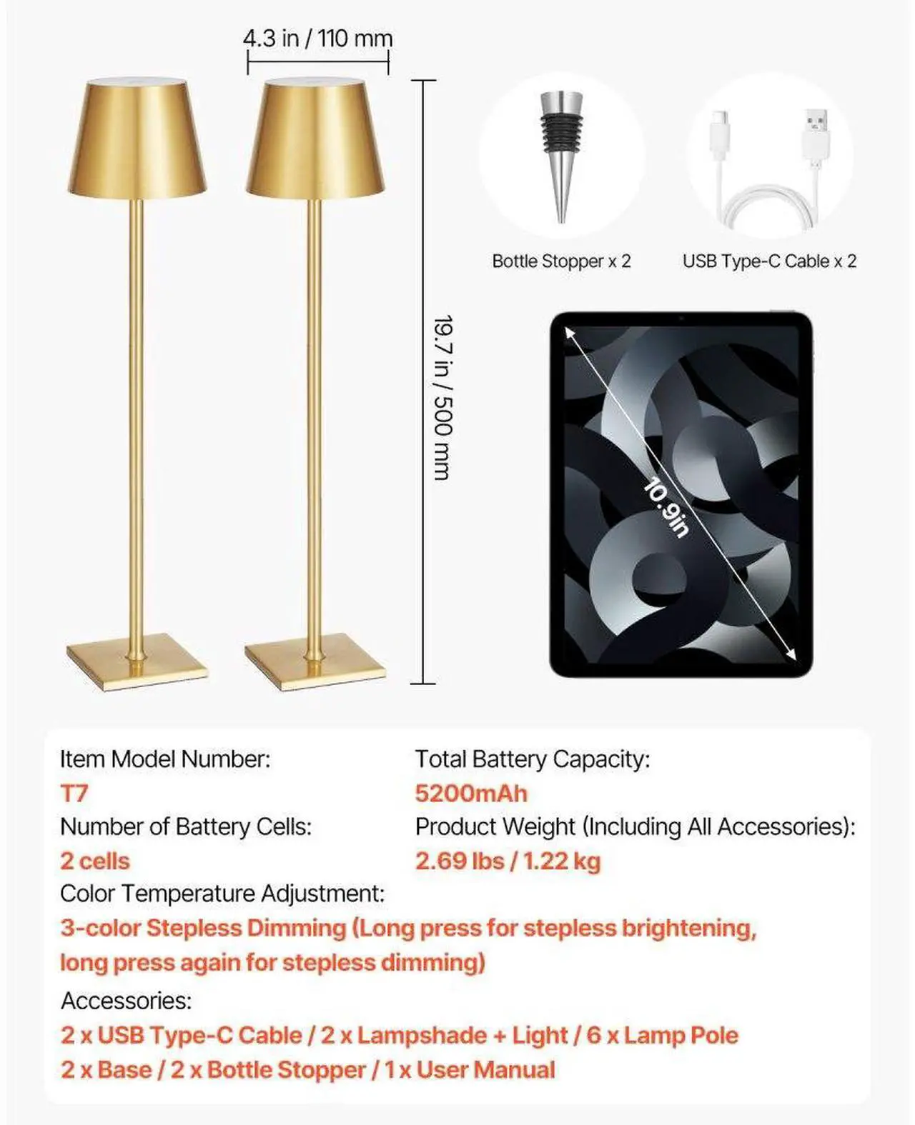 Alt view image 7 of 7 - Cordless Table Lamp 2 PCS Rechargeable Battery Desk Lamp Adjustable Height Gold