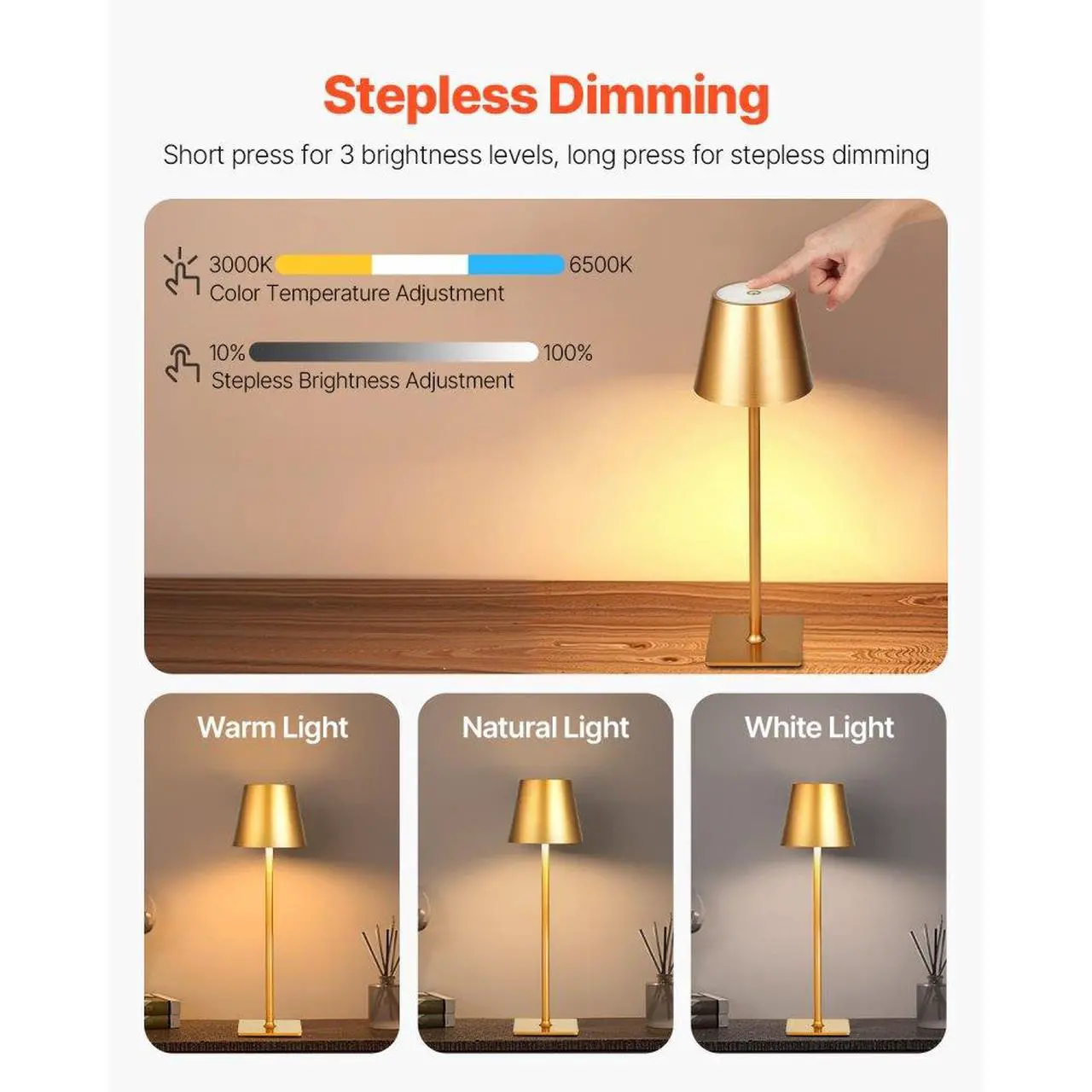 Alt view image 2 of 7 - Cordless Table Lamp 2-Pack 5200mAh Built-in Rechargeable Battery Desk Lamp Gold