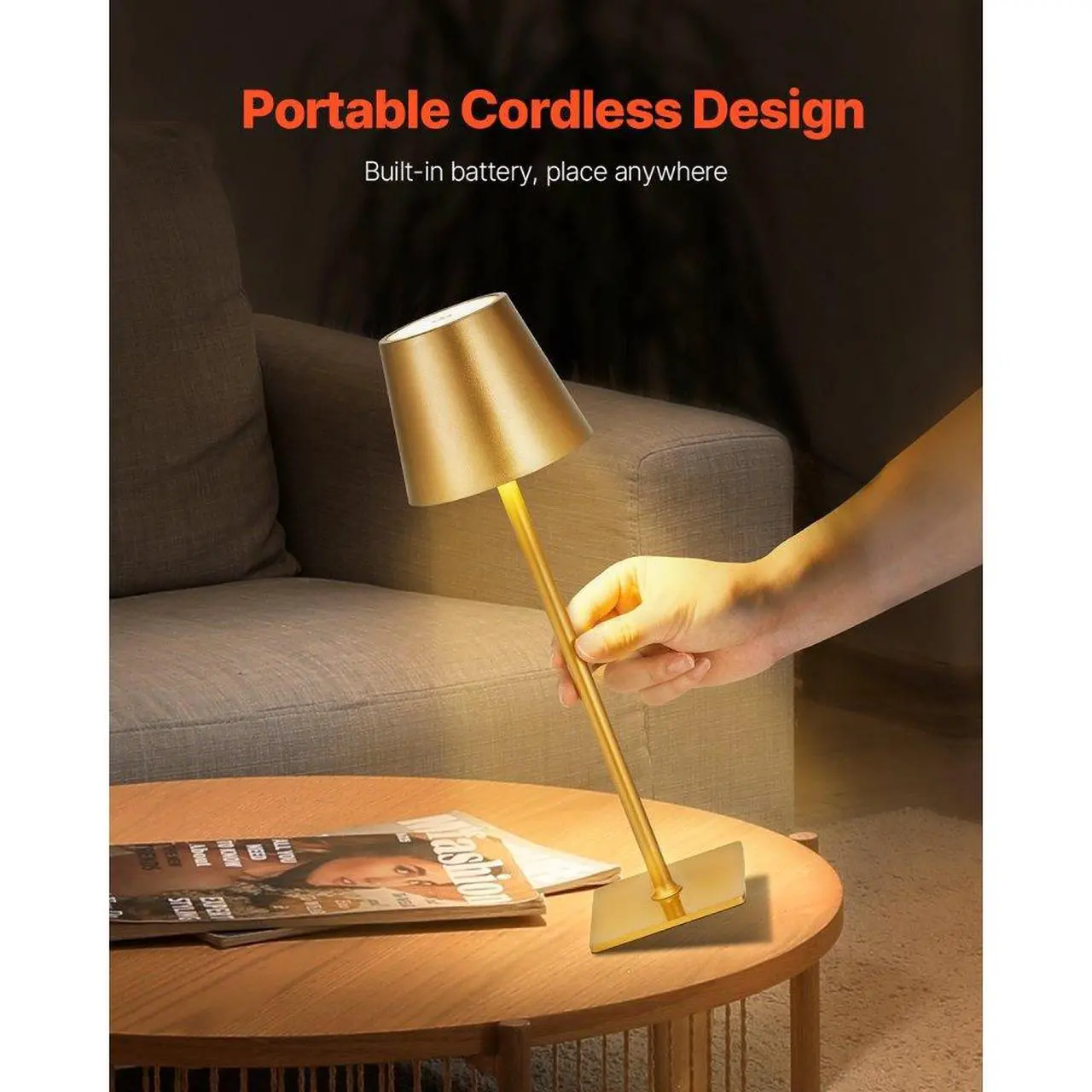 Alt view image 3 of 7 - Cordless Table Lamp 2-Pack 5200mAh Built-in Rechargeable Battery Desk Lamp Gold