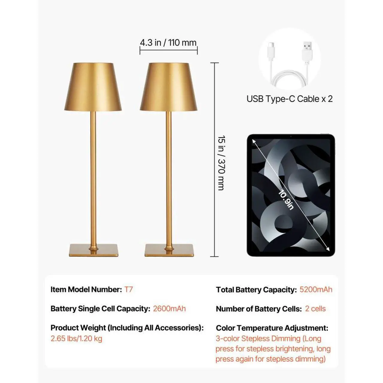 Alt view image 7 of 7 - Cordless Table Lamp 2-Pack 5200mAh Built-in Rechargeable Battery Desk Lamp Gold