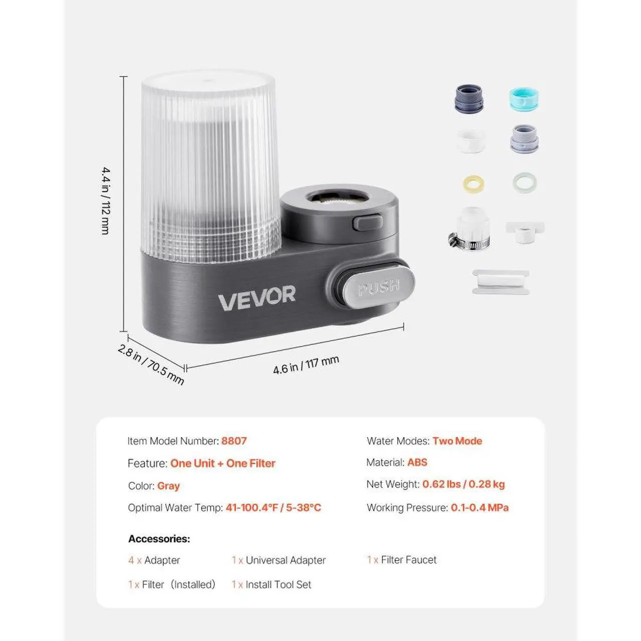 Alt view image 7 of 7 - Faucet Mount Water Filter Sink Water Purifier for Kitchen Vertical Gray