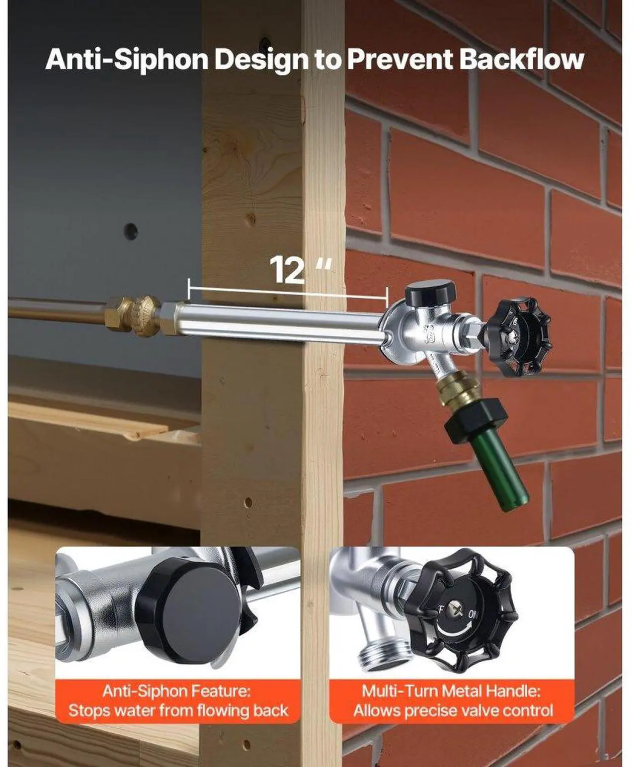 Alt view image 3 of 7 - 12 in Frost-Free Sillcock 1/2" PTC x 3/4" MHT Hose Bibb Anti-Siphon Valve