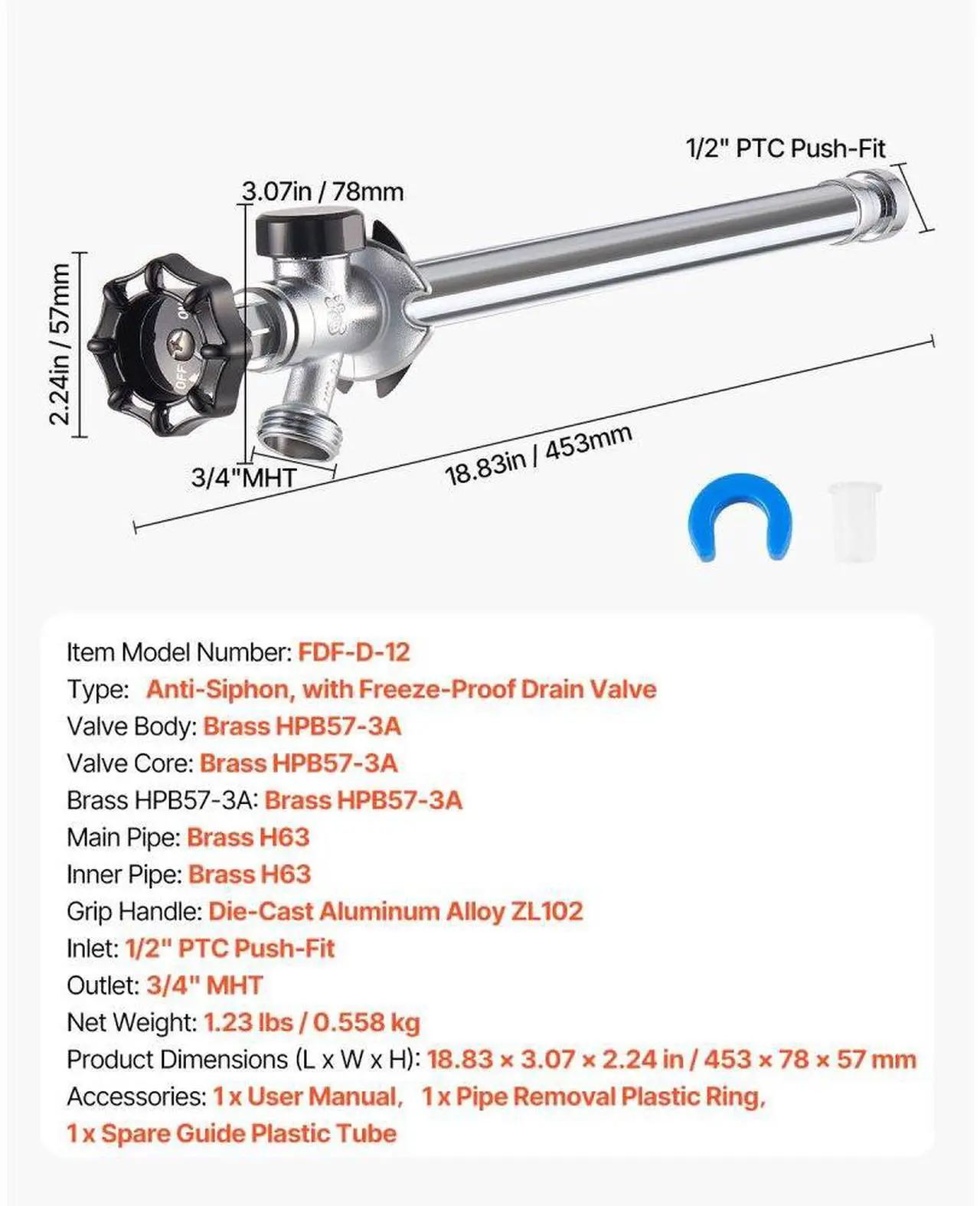 Alt view image 7 of 7 - 12 in Frost-Free Sillcock 1/2" PTC x 3/4" MHT Hose Bibb Anti-Siphon Valve
