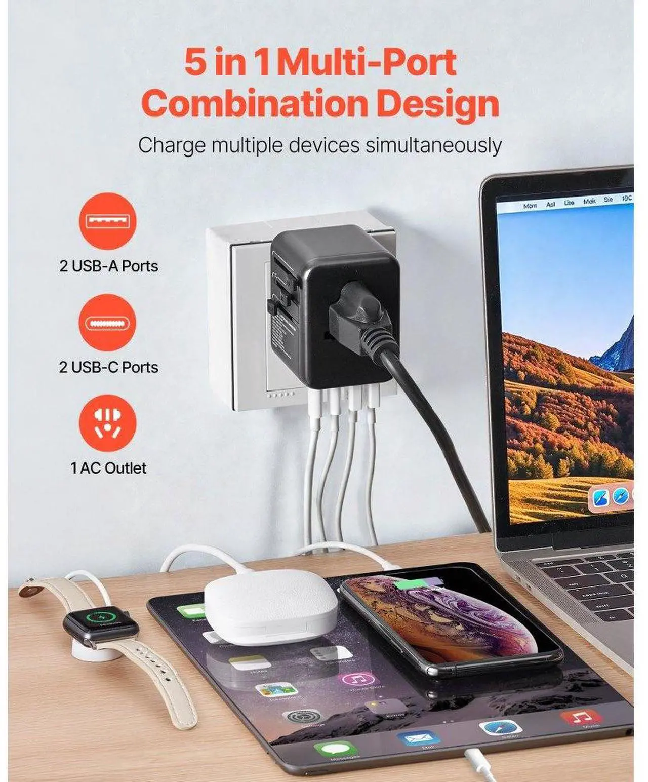 Alt view image 3 of 7 - Universal Travel Adapter International 5 in 1 USB AC Wall Charger Power Plug