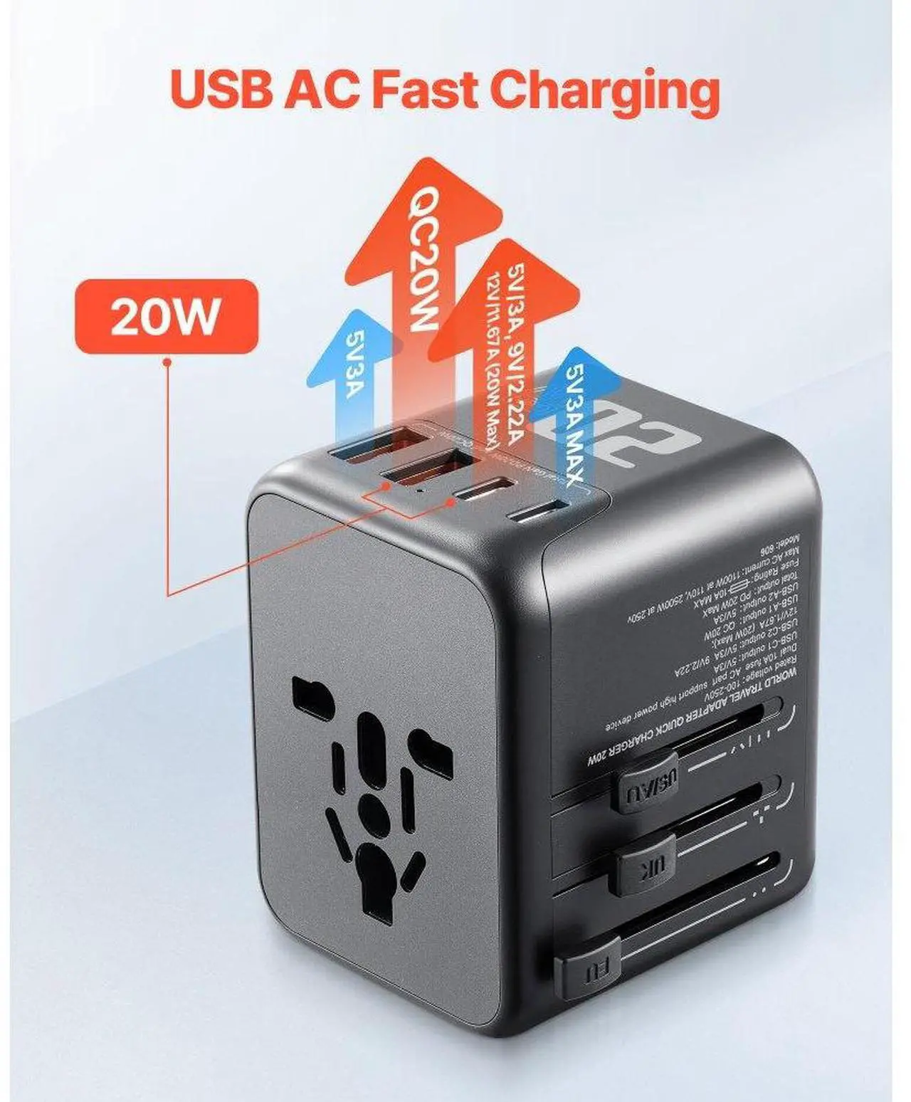 Alt view image 4 of 7 - Universal Travel Adapter International 5 in 1 USB AC Wall Charger Power Plug