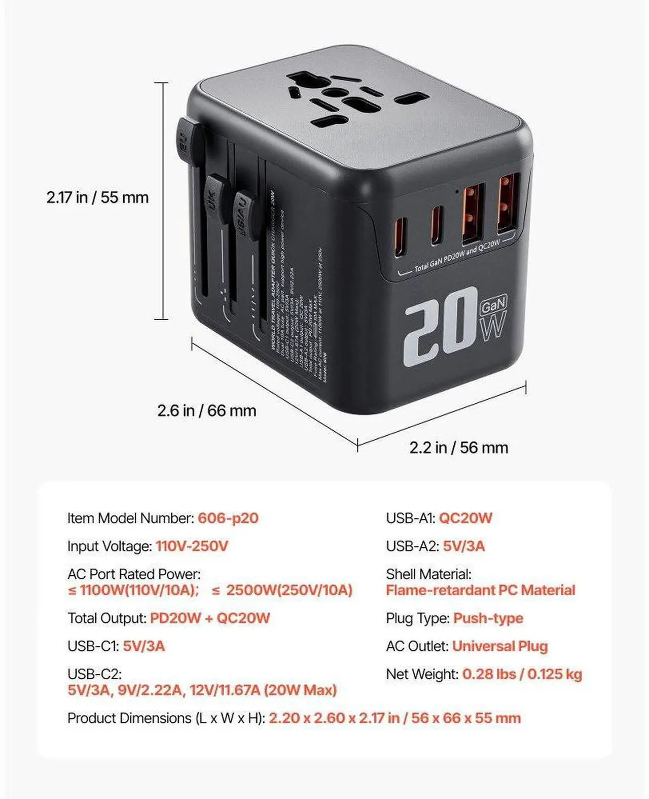 Alt view image 7 of 7 - Universal Travel Adapter International 5 in 1 USB AC Wall Charger Power Plug