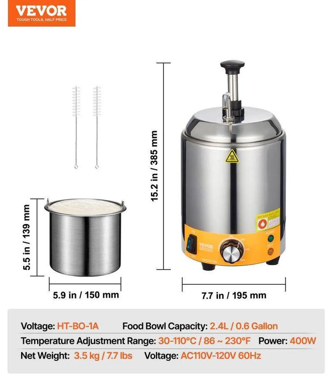 Alt view image 7 of 7 - 2.4L Electric Cheese Dispenser with Pump Commercial Hot Fudge Warmer 86-230