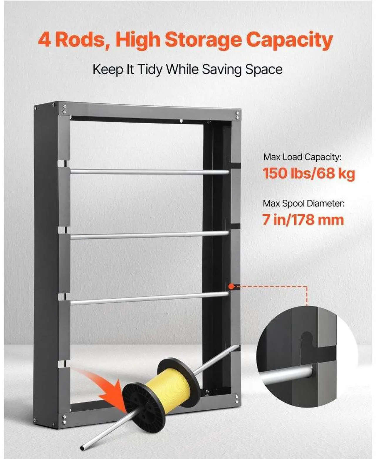 Alt view image 2 of 7 - Wire Spool Rack 4 Adjustable Rods Spool Holder Wall Mounted 150 lbs Capacity