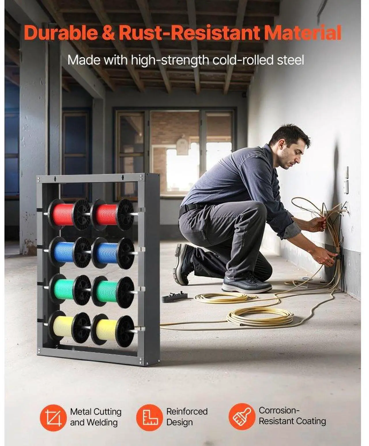 Alt view image 4 of 7 - Wire Spool Rack 4 Adjustable Rods Spool Holder Wall Mounted 150 lbs Capacity