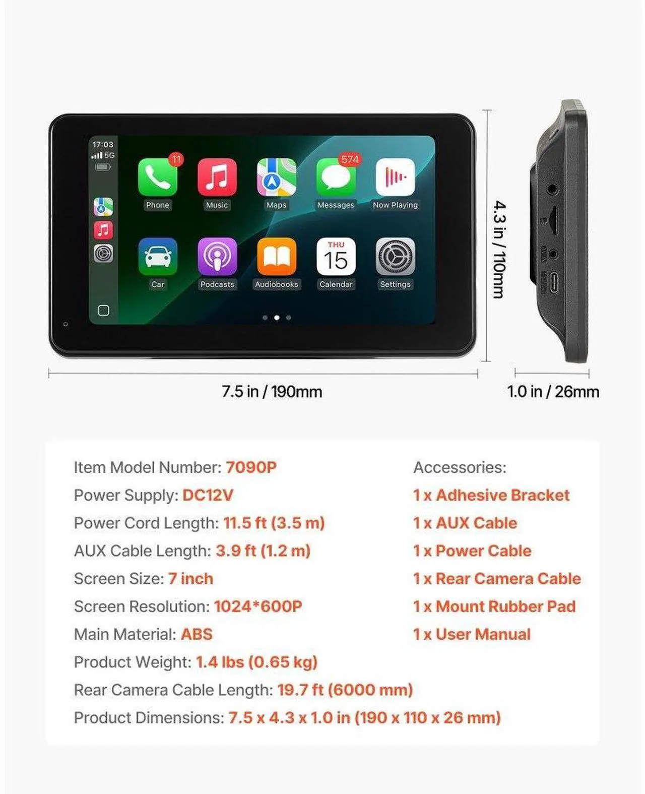 Alt view image 7 of 7 - Car Stereo Radio CarPlay Touchscreen 7 in Apple Android Auto Backup Camera
