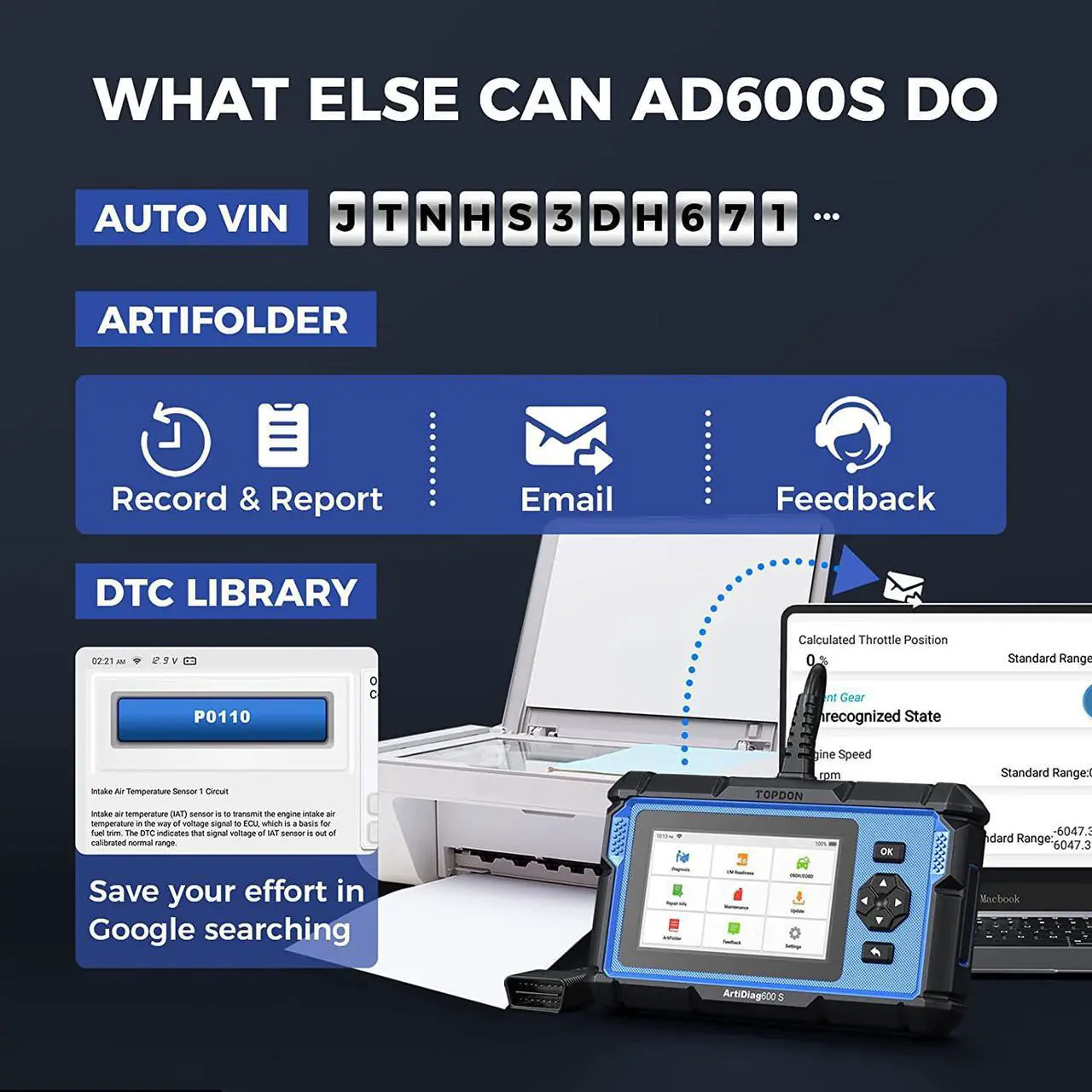 Alt view image 5 of 7 - OBD2 Scanner TOPDON ArtiDiag600S Car Diagnostic Scan Tool AT/ENG/ABS/SRS Diagnoses & 8 Reset Services