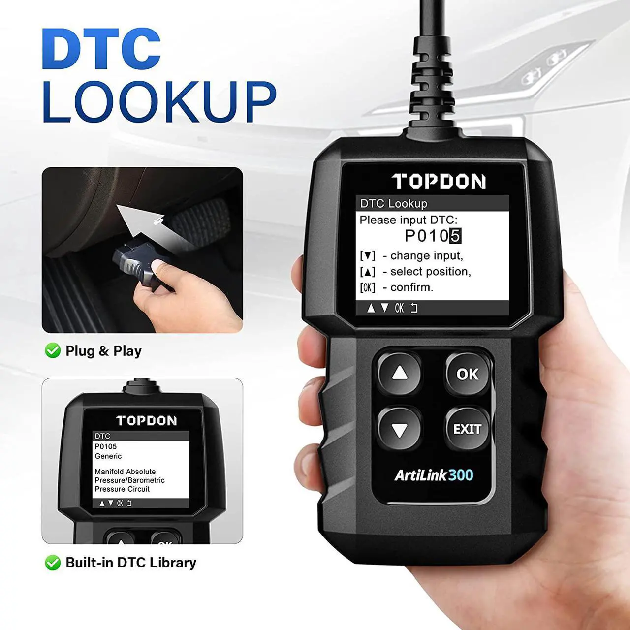 Alt view image 3 of 7 - OBD2 Scanner TOPDON AL300 Car Diagnostic Code Reader All OBD2 Functions Check Engine Light Smog Check O2 Sensor Test