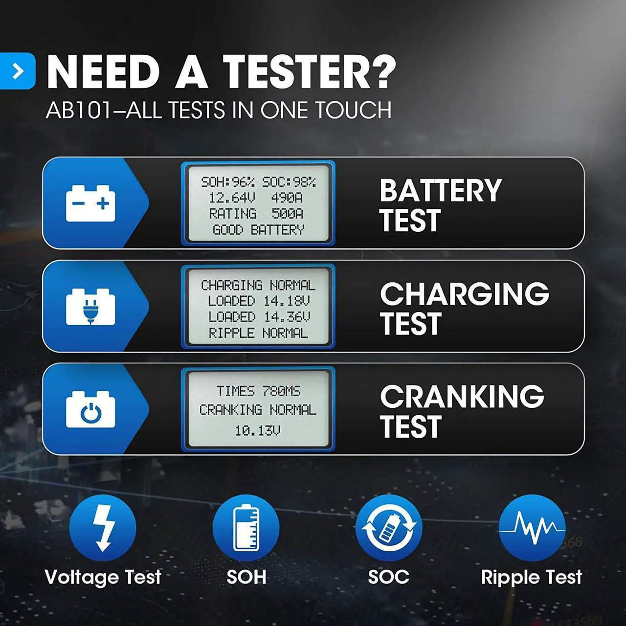 Alt view image 2 of 7 - TOPDON AB101 Car Battery Tester 12V Car Battery Load Tester on Cranking Charging Systems, 100-2000 CCA Automotive Alternator Analyzer for Cars/SUVs/Light Trucks with Flooded AGM Gel Types
