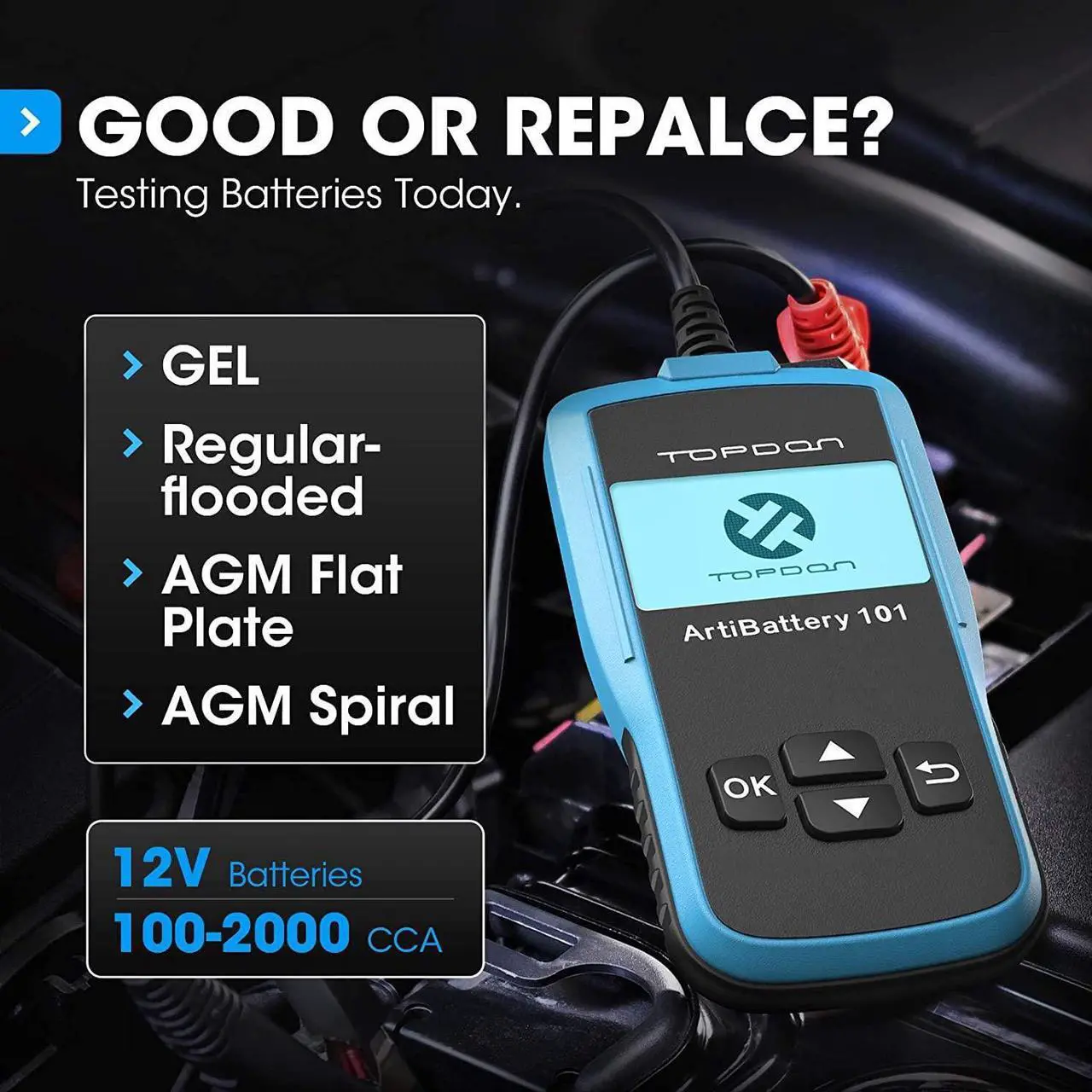 Alt view image 4 of 7 - TOPDON AB101 Car Battery Tester 12V Car Battery Load Tester on Cranking Charging Systems, 100-2000 CCA Automotive Alternator Analyzer for Cars/SUVs/Light Trucks with Flooded AGM Gel Types