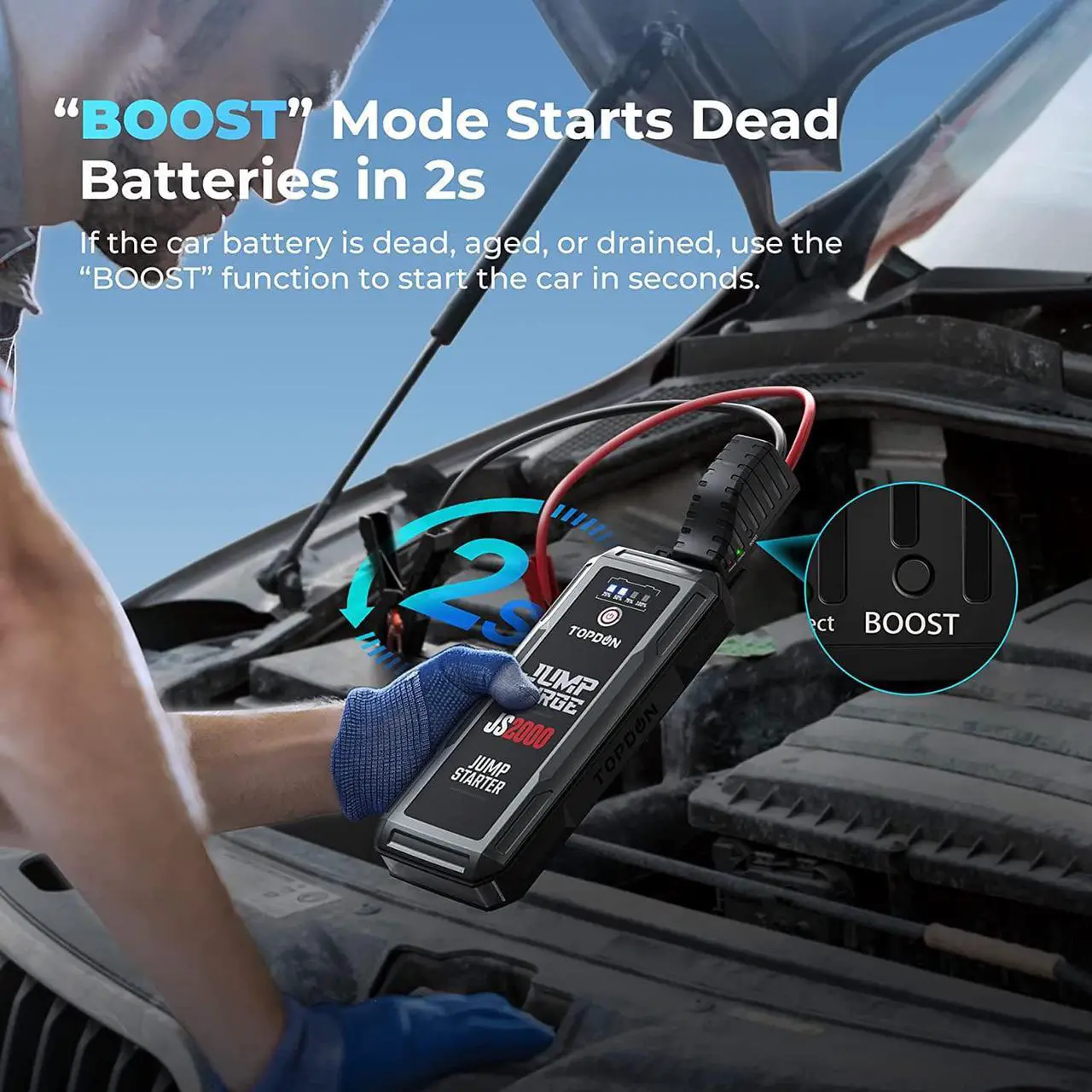 Alt view image 2 of 7 - Car Battery Charger Jump Starter, TOPDON JS2000 16000mAh 2000A 12V Portable Booster for Up to 8L Gas/6L Diesel Engines