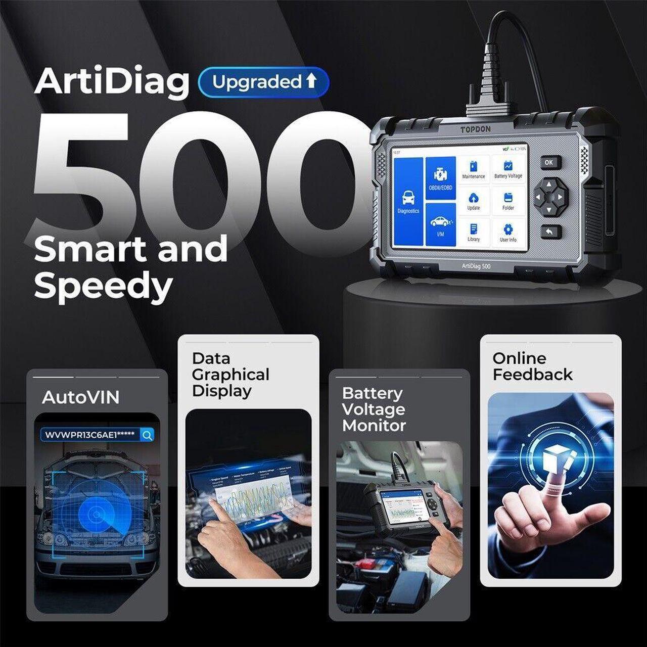 Alt view image 6 of 7 - OBD2 Scanner TOPDON ArtiDiag500 Car Diagnostic Scanner Engine ABS SRS Transmission CAN Diagnostic Full OBD2 Test