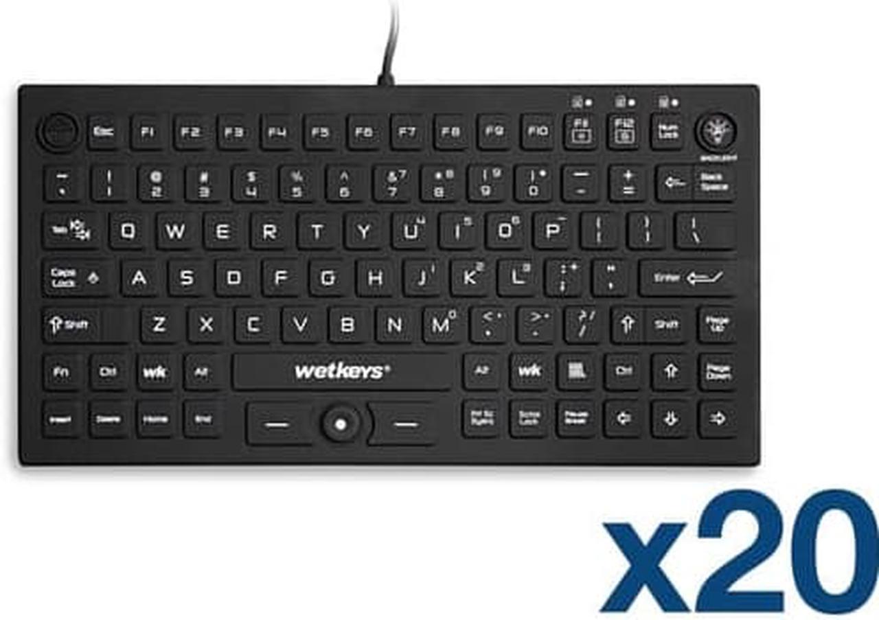 Case of (20) KBWKRC89PB-BK - WetKeys "Backlit Rugged-Point" Industrial-grade Heavy-duty Full-Size Washable Keyboard with Track-pointer, Backlight and ON/OFF Switch (USB) (Black) | KBWKRC89PB-BK-C20