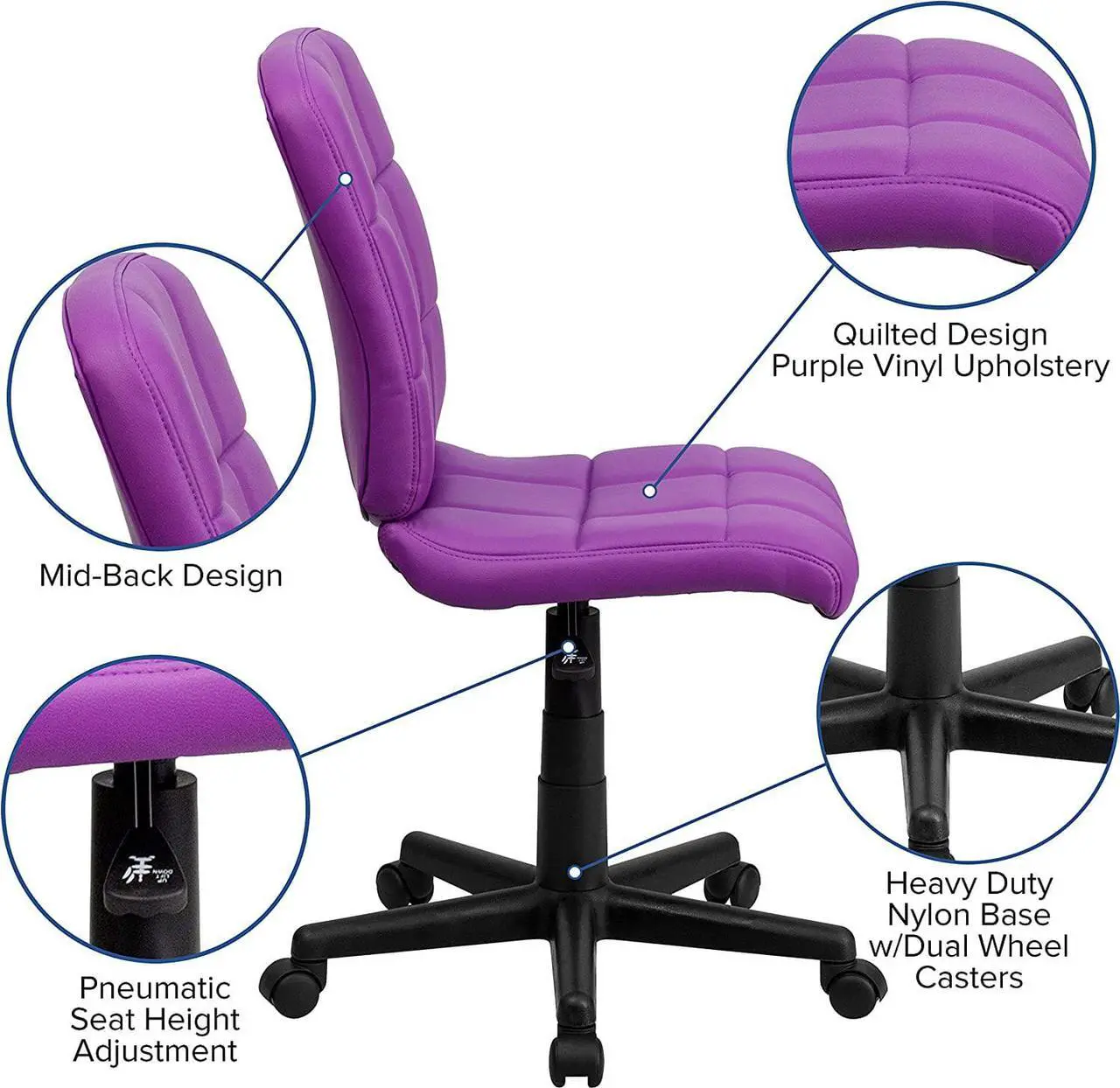 Alt view image 5 of 7 - BizChair Mid-Back Purple Quilted Vinyl Swivel Task Office Chair