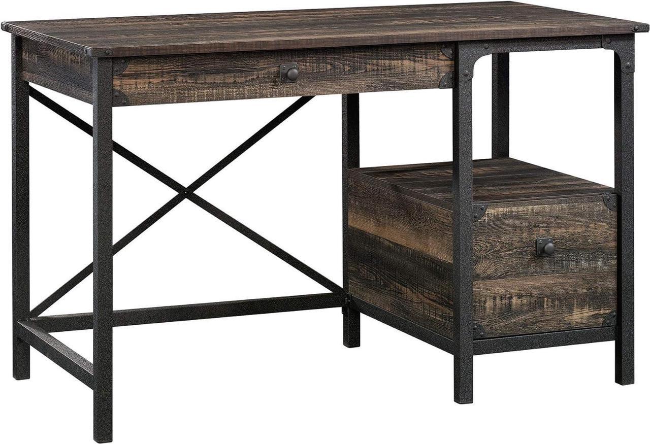Main image of Sauder Steel River Desk, Industrial Office Desk with Two Drawers and Open Shelf - Carbon Oak Finish