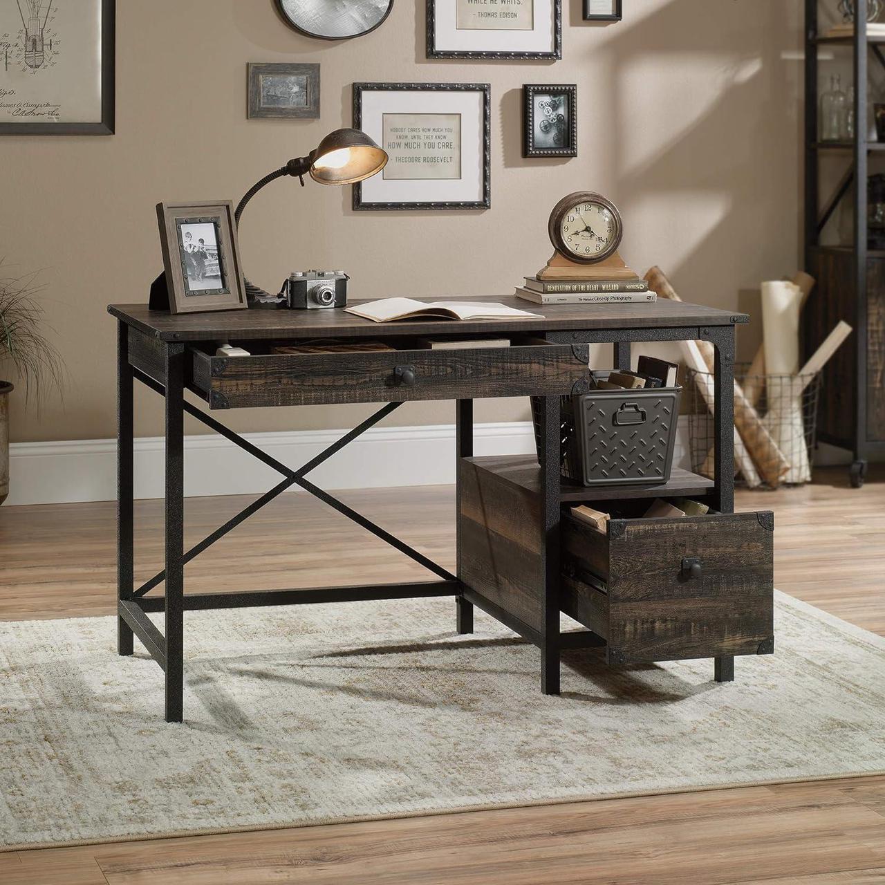 Alt view image 2 of 7 - Sauder Steel River Desk, Industrial Office Desk with Two Drawers and Open Shelf - Carbon Oak Finish