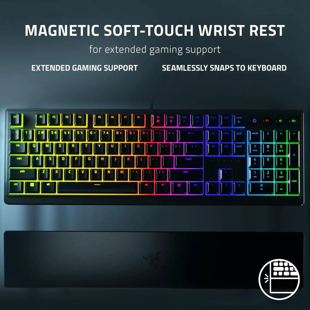 Alt view image 6 of 7 - V3 Gaming Keyboard: Low Profile Keys - Mecha Membrane Switches - UV Coated Keycaps - Backlit Media Keys - 10 Zone RGB Lighting - Spill Resistant - Magnetic Wrist Wrest Snap Tap
