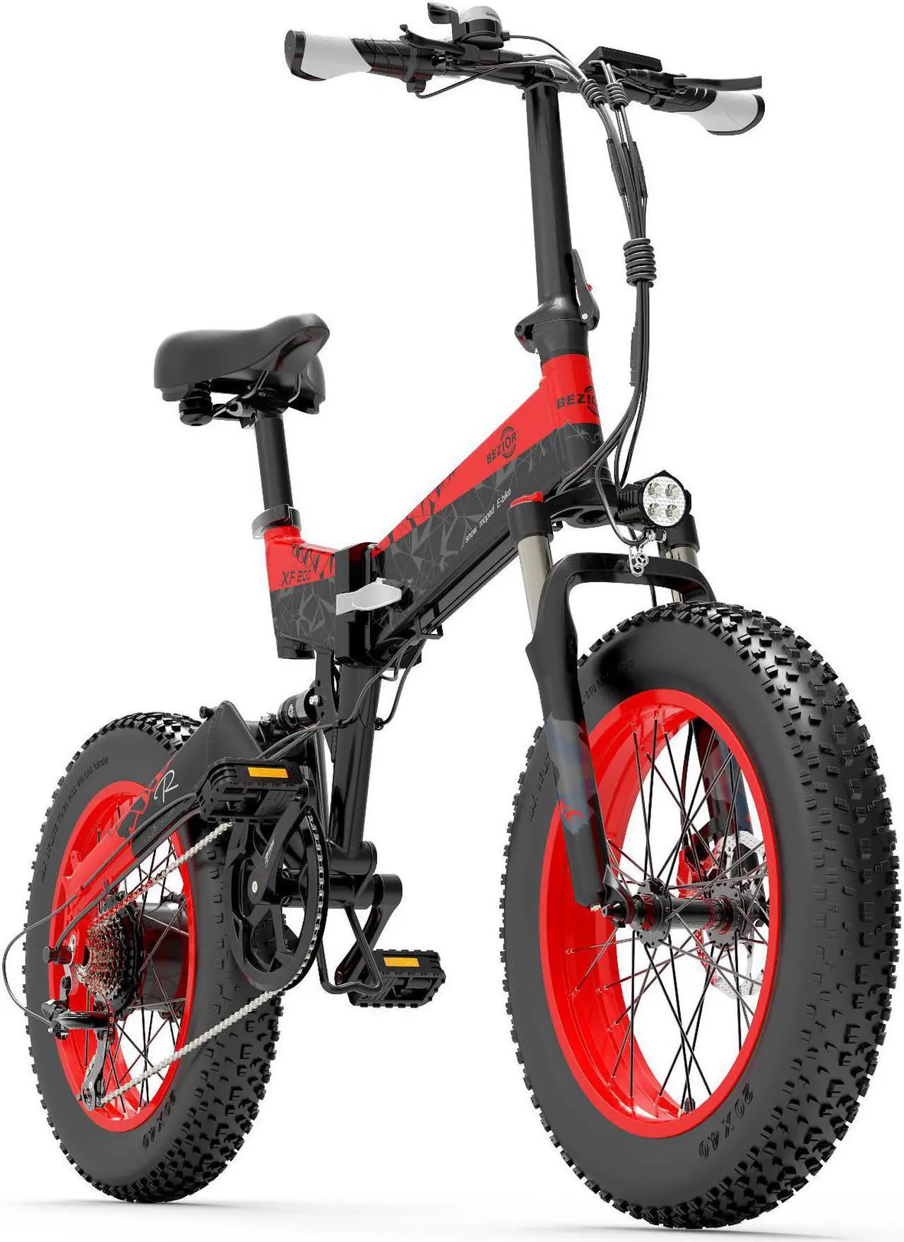 Main image of Bezior Electric Bike XF200 for Adults, Foldable 20" x 4.0 Fat Tire Electric Bicycle, 1000w Motor 48V 15Ah Removable Lithium Battery, 25MPH Snow Beach Mountain E-Bike Shimano 7-Speed Gear Ebikes Red