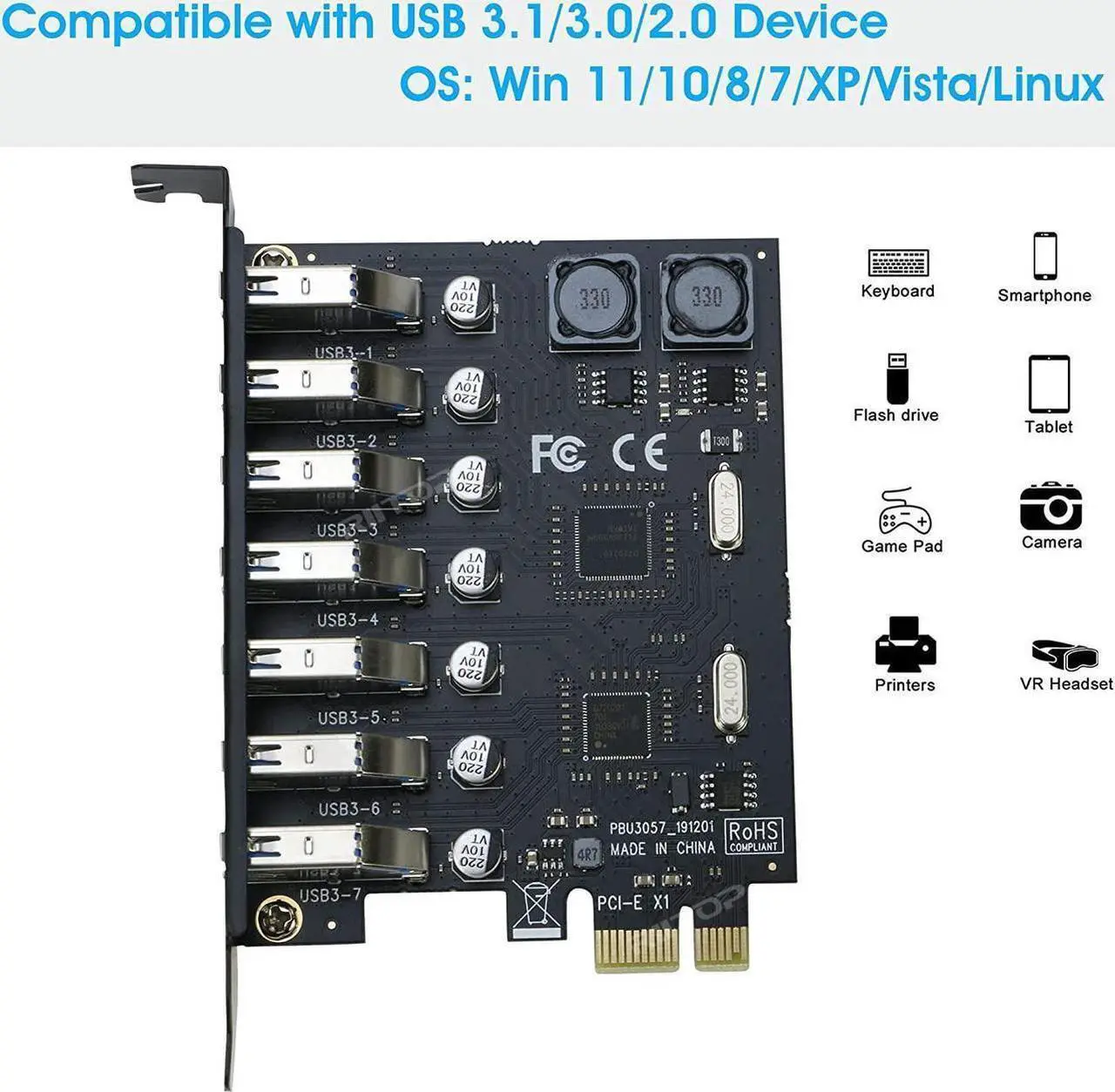 Alt view image 4 of 7 - PCIE USB 3.0 Card 7 Ports High Speed 5Gbps, RIITOP PCI-E Expree to USB3 Expansion Adapter Card Controller for Windows 11/10/8/7/XP/Vista (NOT for 2U Case)