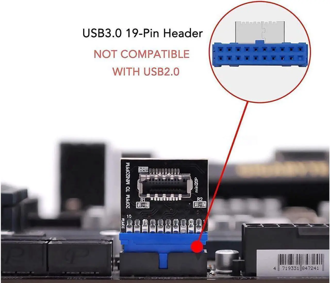 Alt view image 3 of 6 - USB 3.0 (3.1 Gen 2) Internal (19-Pin) Header to USB 3.1/3.2 Type-C (20-Pin) A-Key Front Panel Adapter