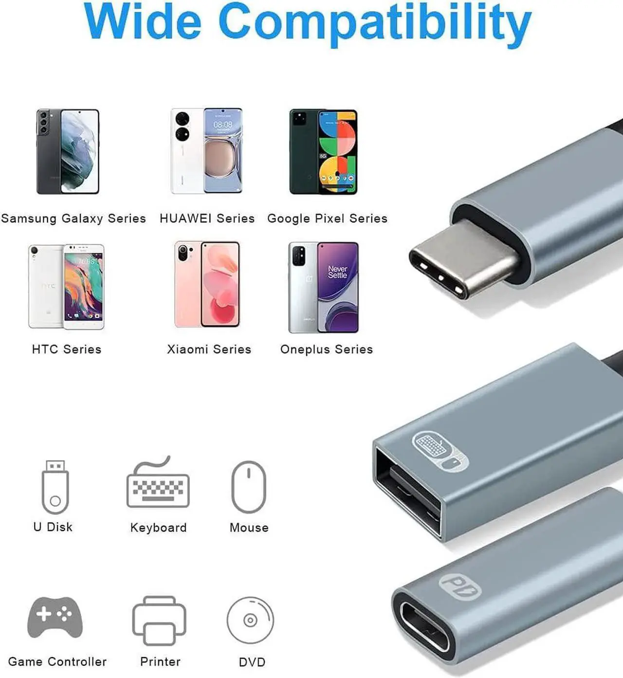 Alt view image 3 of 7 - USB C to USB Adapter OTG and Charger Cable, 2 in 1 USB-C Splitter with 60W PD Charging Type C OTG and USB A Female Port Compatible with Chr-o-mecast G-o-o-g-l-e TV, i-P-ad Pro, S21/S20, Pixel,L-G G8