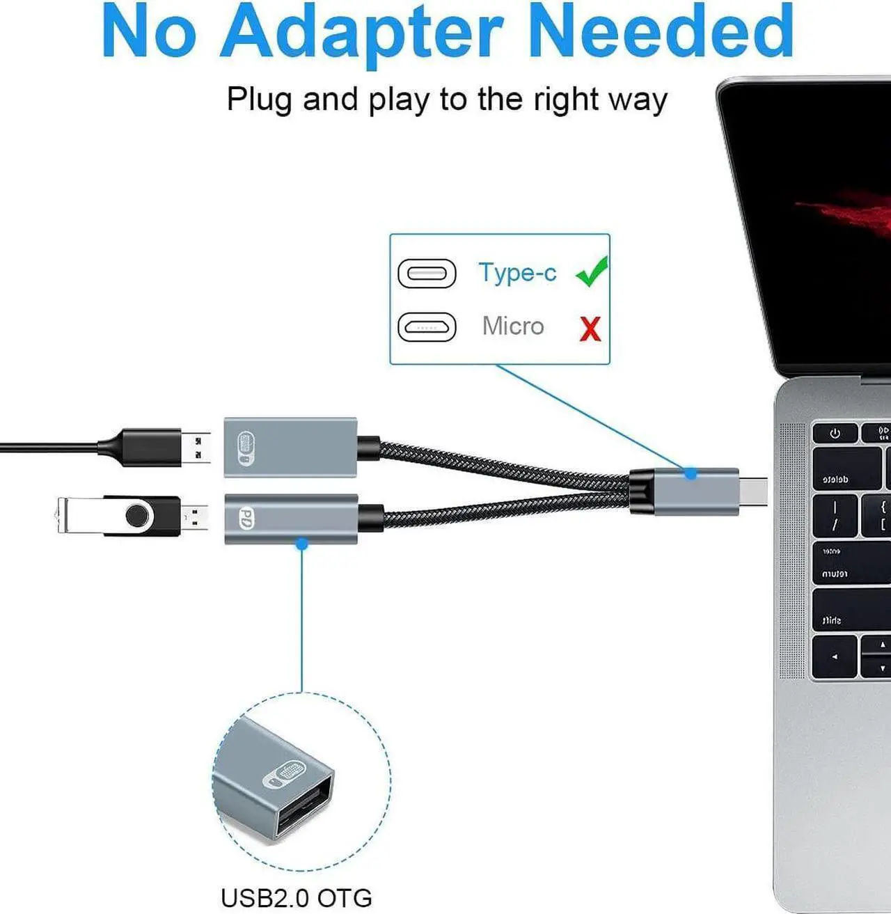 Alt view image 4 of 7 - USB C to USB Adapter OTG and Charger Cable, 2 in 1 USB-C Splitter with 60W PD Charging Type C OTG and USB A Female Port Compatible with Chr-o-mecast G-o-o-g-l-e TV, i-P-ad Pro, S21/S20, Pixel,L-G G8