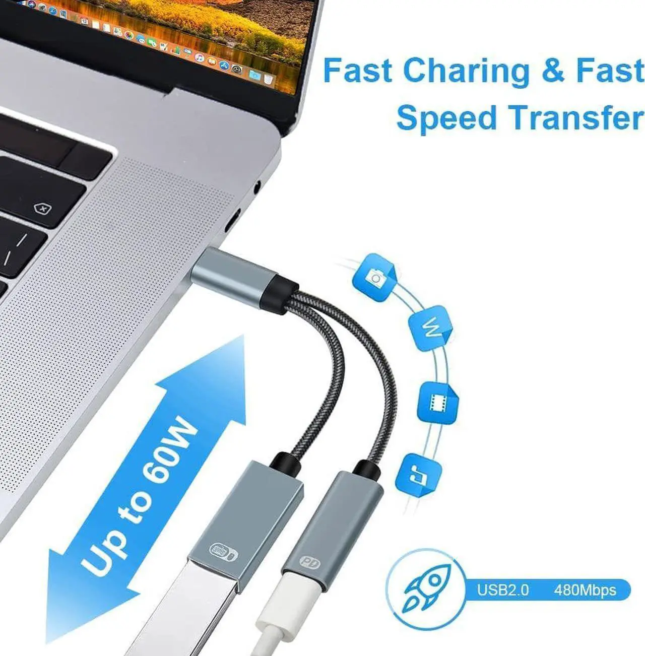 Alt view image 6 of 7 - USB C to USB Adapter OTG and Charger Cable, 2 in 1 USB-C Splitter with 60W PD Charging Type C OTG and USB A Female Port Compatible with Chr-o-mecast G-o-o-g-l-e TV, i-P-ad Pro, S21/S20, Pixel,L-G G8