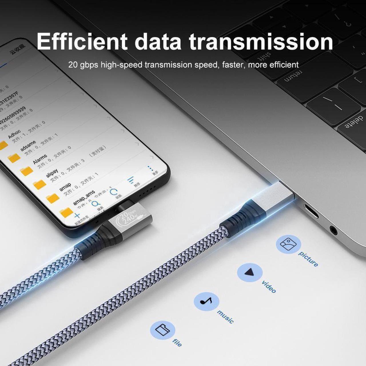 Alt view image 7 of 7 - 240W USB C to USB C Cable 10ft, USB C 3.2 Gen 2 Cable 20Gbps Data, 90 Degree Right Angle Thunderbolt 3 USB C to C Cable, 4K@60Hz Video Cord to Compatible with USB-C MacBook, i-Pad Pro, Monitor etc.
