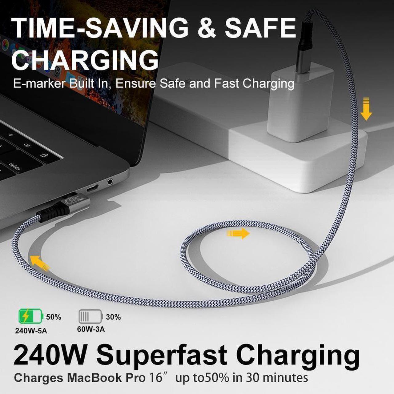 Alt view image 4 of 7 - 240W USB C to USB C Cable 10ft, USB C 3.2 Gen 2 Cable 20Gbps Data, 90 Degree Right Angle Thunderbolt 3 USB C to C Cable, 4K@60Hz Video Cord to Compatible with USB-C MacBook, i-Pad Pro, Monitor etc.