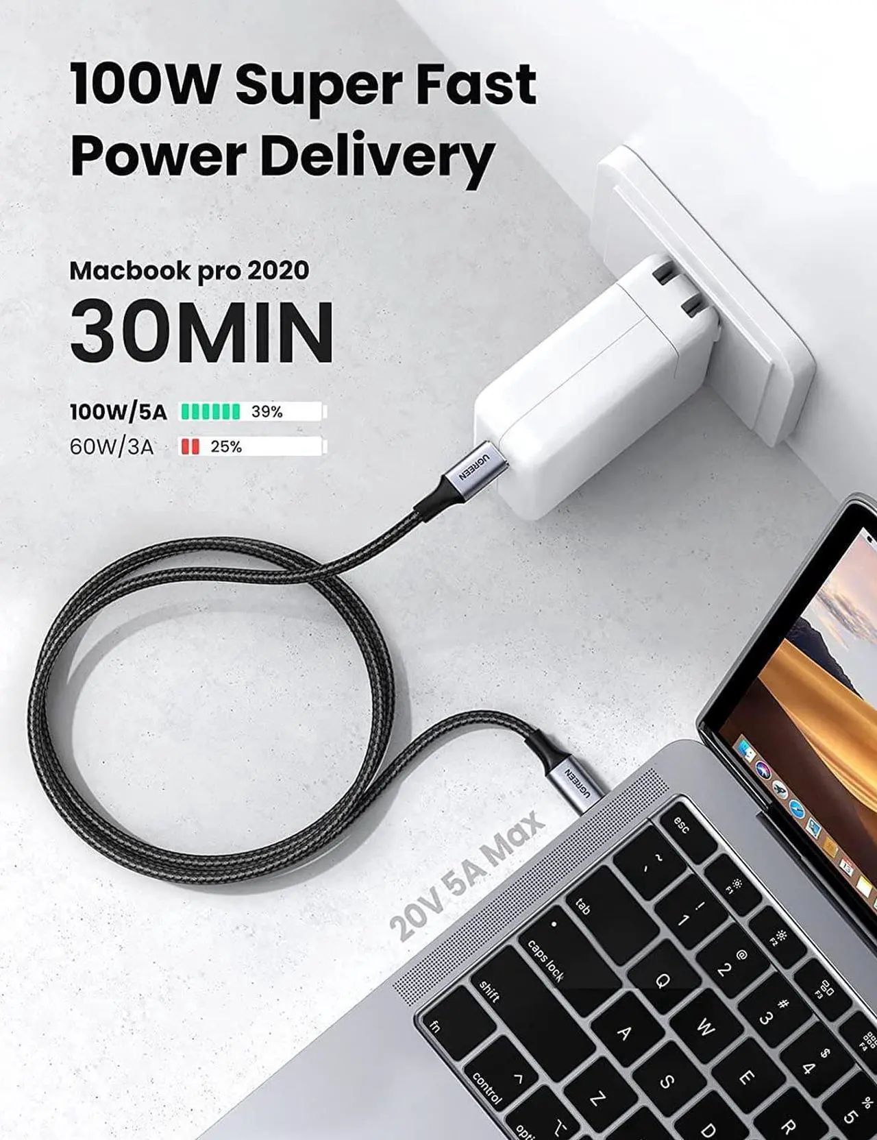Alt view image 5 of 7 - UGREEN 100W USB C to USB C Cable 6ft, Type C Charger 5A Fast Charging Cable, USBC to USBC Cord Compatible with MacBook Pro 2021, iPad Pro 2021, iPad Air 5, Samsung Galaxy S21, Pixel, Switch, and More