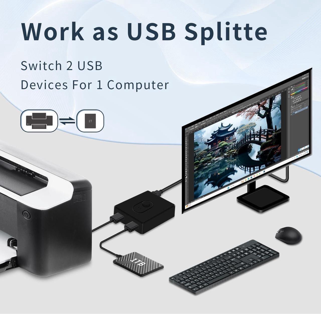 Alt view image 2 of 7 - USB Switcher 2 in 1 Out(1 in 2 Out) Bi-Directional,USB 3.0 Switch Selector,Keyboard Mouse Switcher,USB Switcher 2 Computers Share 1 Device for Printer,Keyboard, USB Switch with 2pcs USB Cables