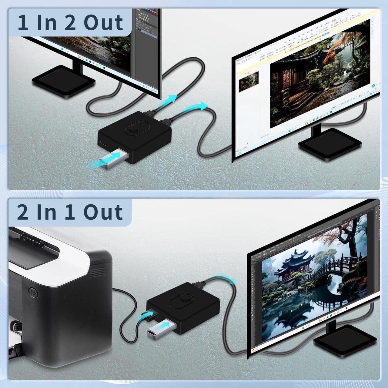 Alt view image 7 of 7 - USB Switcher 2 in 1 Out(1 in 2 Out) Bi-Directional,USB 3.0 Switch Selector,Keyboard Mouse Switcher,USB Switcher 2 Computers Share 1 Device for Printer,Keyboard, USB Switch with 2pcs USB Cables