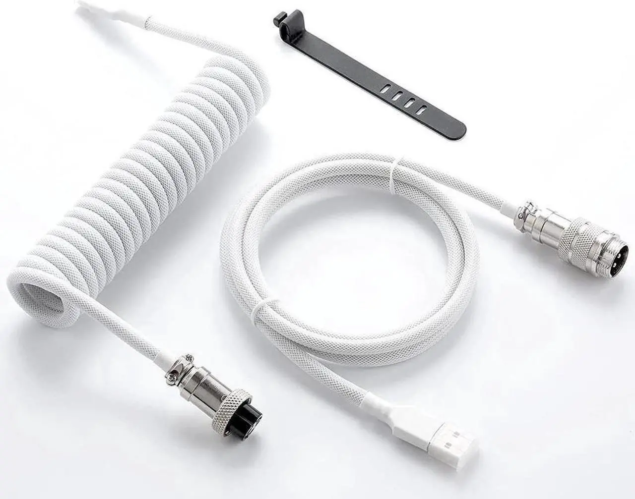 Main image of Custom Coiled USB C Cable for Gaming Keyboard, Double-Sleeved Mechanical Keyboard Cable with Detachable Metal Aviator, 1.5M USB-C to USB-A, White Color