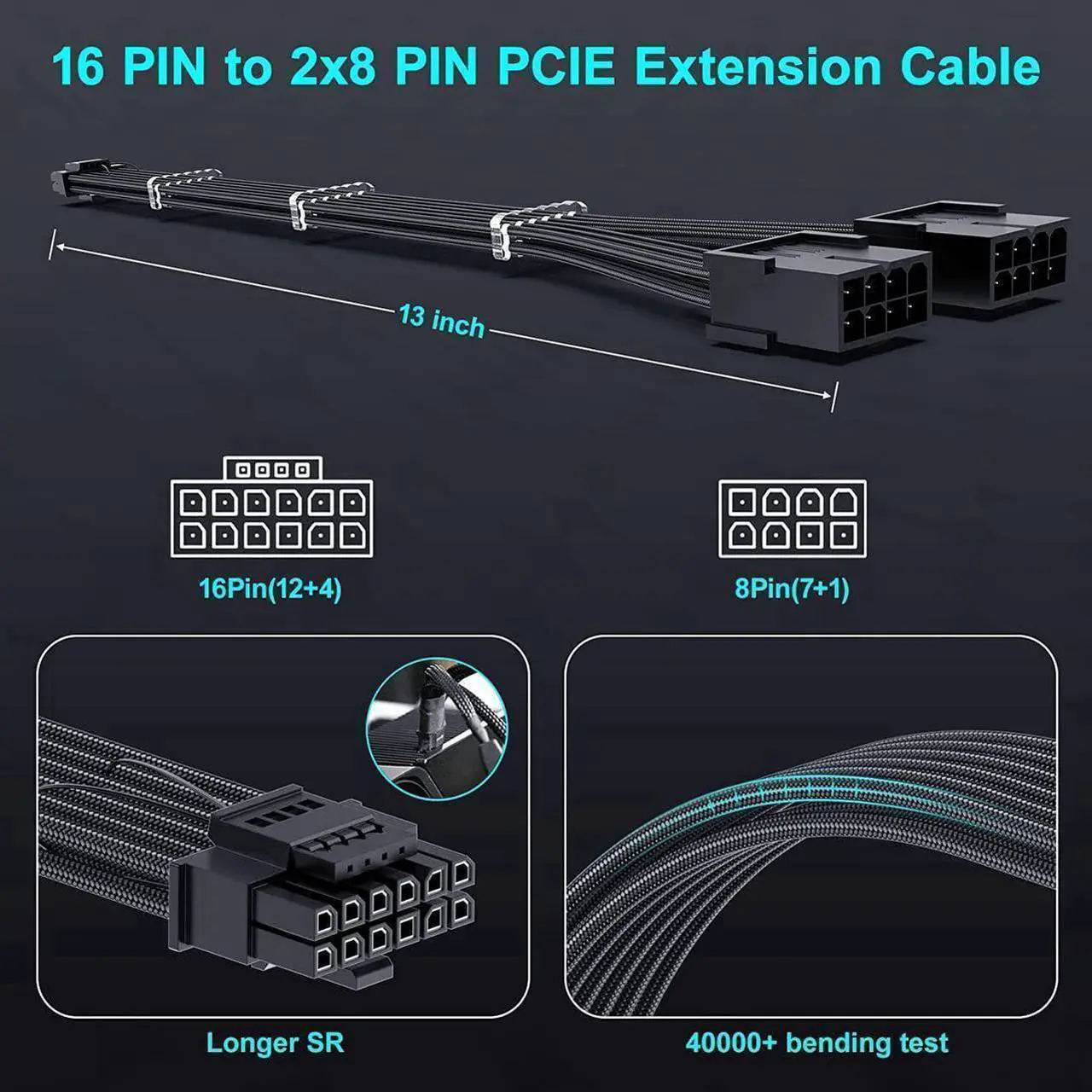 Alt view image 3 of 7 - PCIE 5.0 RTX 4070Ti 16Pin GPU Power Extension Cable, PCI-e 5.0 12VHPWR GPU Cable Adapter 16Pin(12+4) Male to 2X8Pin Female Extension Cord Designed for Geforce RTX 4070 4070 Super-13Inch Black