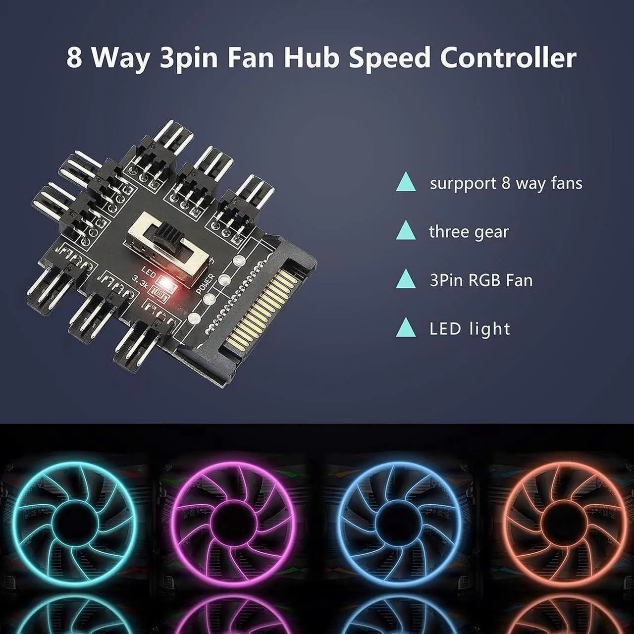 Alt view image 3 of 6 - Chassis Fan Hub, SATA 1 to 8 Way12V 3 PIN Cooling Fan Splitter Controller Hub 3 Pin PWM for PC Desktop Computer Motherboard(12V 3-Pin)