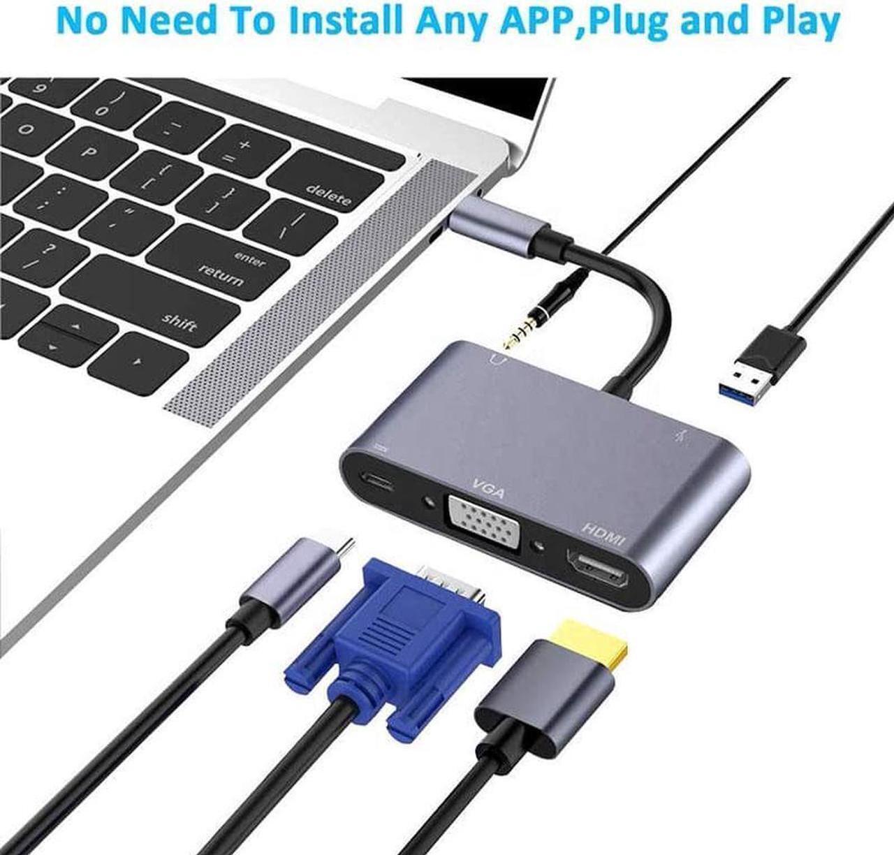 Alt view image 2 of 6 - 5 In 1 Type C Adapter Hunderbolt to HDMI VGA USB 3.0 and 3.5mm Jack Audio PD Charging for MacBook Pro Laptop Phone