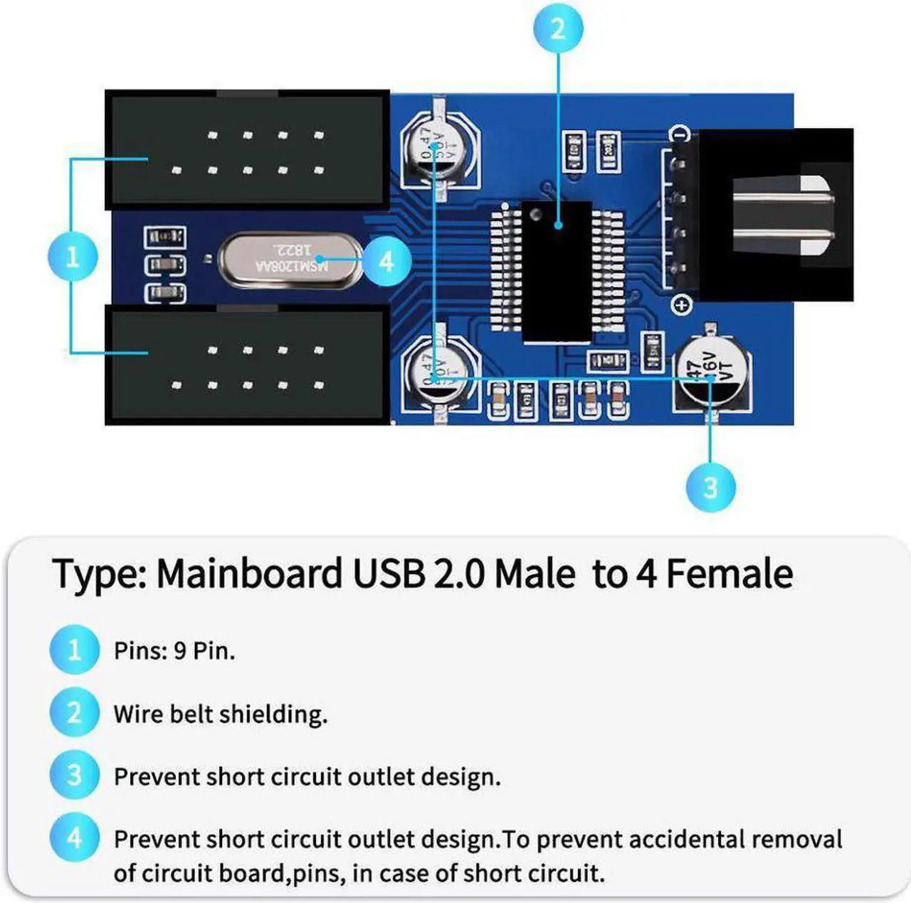 Alt view image 3 of 7 - 4 in 1 Internal USB Splitter Cable, Electop 9 pin USB Header Male 1 to 4 Female Extension Connector Adapter, USB 2.0 HUB Connector Port Multiplier PWM Fan Splitter Cable (30cm/0.98ft)