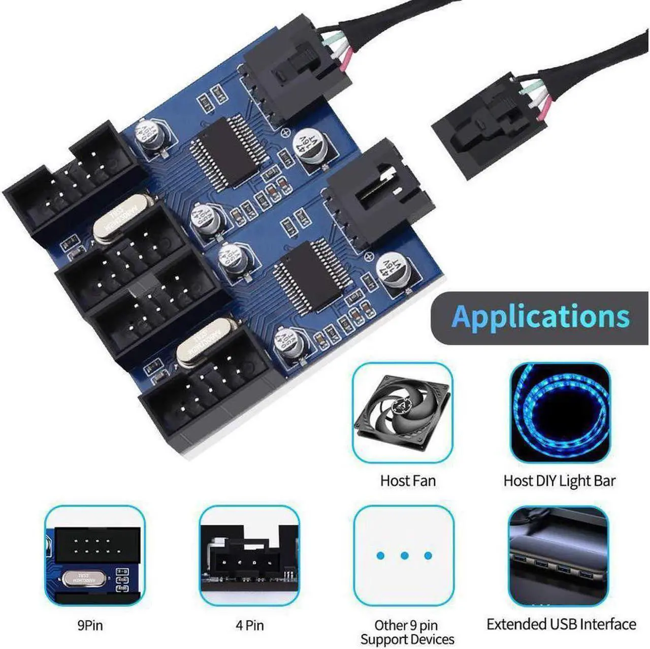 Alt view image 4 of 7 - 4 in 1 Internal USB Splitter Cable, Electop 9 pin USB Header Male 1 to 4 Female Extension Connector Adapter, USB 2.0 HUB Connector Port Multiplier PWM Fan Splitter Cable (30cm/0.98ft)