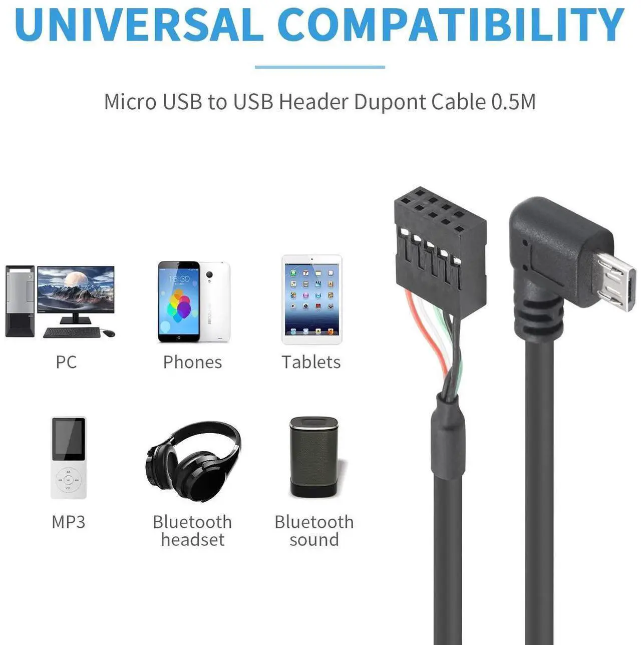 Alt view image 6 of 6 - USB Header to Micro USB Cable, 90 Degree Right Angled Micro USB Male to 9 Pin Motherboard Female Dupont Extended Cable 2 Pack 1.65Ft/50cm