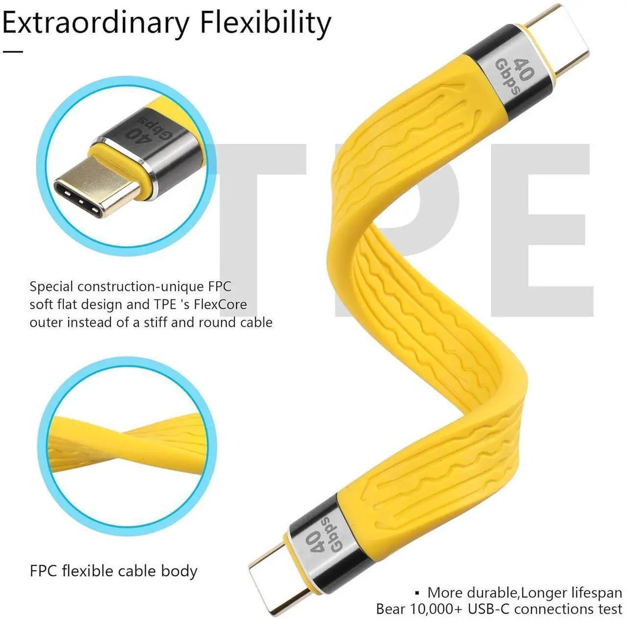 Alt view image 4 of 7 - 40Gbps USB4 Type C Extension Cable 100W PD Fast Charging 8K USB C to USB C Flat Slim FPC Data Cable for Laptop & Phone (Male to Male)