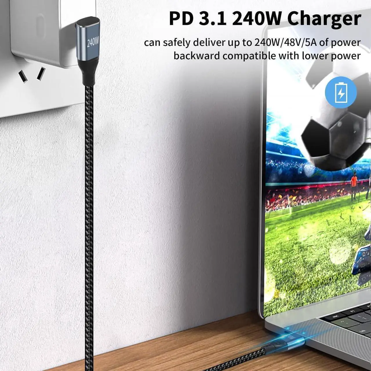 Alt view image 4 of 6 - USB C 90 Degree Cable 3.3ft, 240W Fast Charging PD 3.1 Type C to Type C Cable Short Braided 3A 90 Degree Up Down Angle USB C Cable for iPad Pro Galaxy Air MacBook