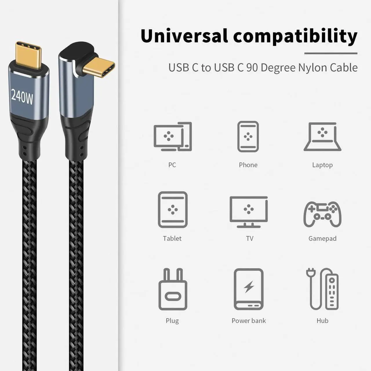 Main image of USB C 90 Degree Cable 3.3ft, 240W Fast Charging PD 3.1 Type C to Type C Cable Short Braided 3A 90 Degree Up Down Angle USB C Cable for iPad Pro Galaxy Air MacBook