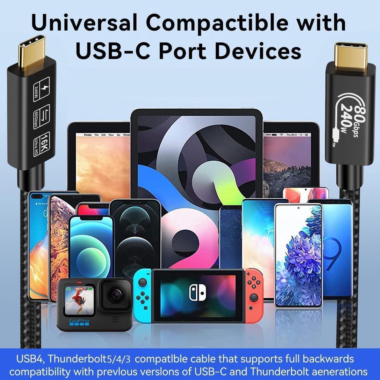 Alt view image 2 of 7 - USB4 Cable, with Thunderbolt 5 Cable, 240 W Charging Cable, 80 Gbps Data Cable, gen4 cable,16K@60Hz 4K120Hz HDR, USB C to USB C Cable, for Hub, Dock, M2, M3, SSD, Laptops, Monitor (TB5 80G 240W 1.5M)